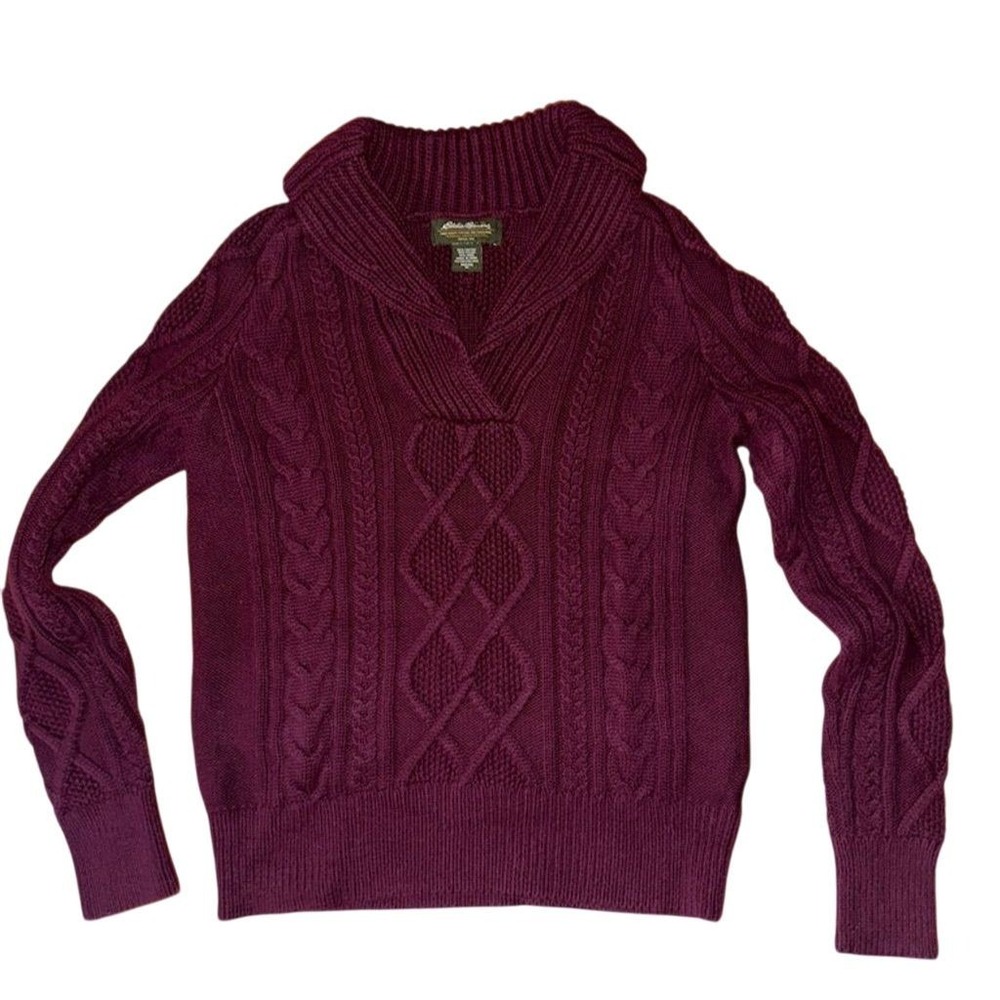 Eddie Bauer Women Pet M Roll Neck Cable Knit Sweater Red Pullover shawl collar
